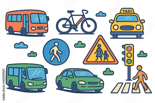 City transport and pedestrian safety icon set. Collection of colorful cartoon vector illustrations including bus, car, taxi, and bicycle. Traffic light, crosswalk, and road signs.