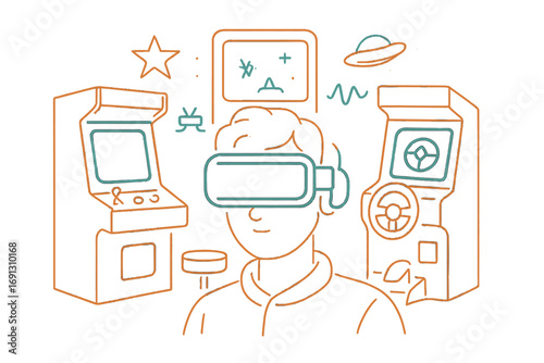 Man in virtual reality headset in retro arcade room. Vector line art illustration. Gamer playing VR simulation game. Concept for metaverse, future technology, and nostalgia.