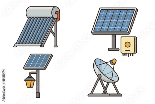 Solar energy equipment set. Renewable green power technology. Vector collection with solar panel, water heater, street light. Photovoltaic electricity generation cartoon icons.