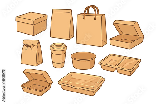 Eco friendly packaging set for food delivery. Kraft paper takeaway containers, coffee cup, bag and box. Sustainable, disposable, and recyclable materials. Vector cartoon.
