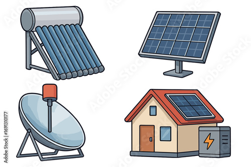 Solar energy equipment set. Vector cartoon illustration of renewable power technology. Photovoltaic panel, water heater, house with battery storage system. Eco friendly icons.