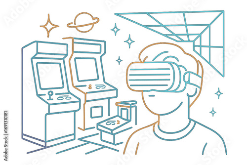 Retro arcade gaming meets futuristic VR. Line art illustration of a person with a virtual reality headset in a cyber room with classic games. Metaverse and nostalgia concept.