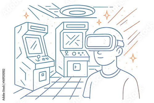 Man in VR headset in retro arcade room. Futuristic line art vector. Virtual reality, metaverse concept. Gaming nostalgia. Gamer playing video games with classic machines.