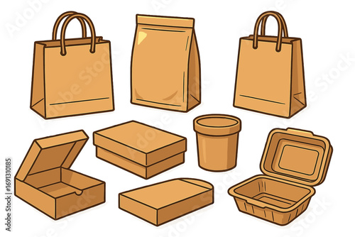 Eco-friendly packaging vector set. Collection of kraft paper bags, cardboard boxes, and containers for food delivery or takeout. Sustainable, recyclable materials illustration.