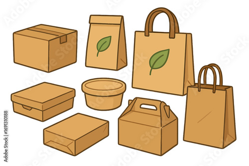Eco friendly packaging set. Sustainable & recyclable delivery & shopping bags, cardboard boxes & food containers. Cartoon vector illustration for retail, branding & mockup.