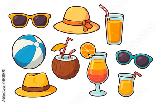 Summer beach vacation icon set. Cartoon vector collection of holiday items. Sunglasses, sun hat, cocktail, coconut drink, juice and beach ball for a relaxing day by the sea.