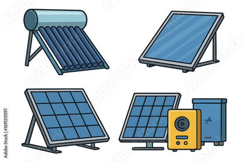 Solar energy equipment set. Vector illustration of photovoltaic panels, solar water heater, battery storage and inverter. Renewable green power generation technology concept.