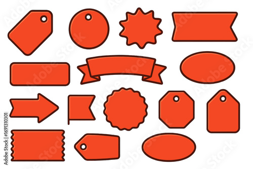 Red tags label set. Price tag collection. Sale sticker and badge. Blank promo banner shape. Special offer ribbon. Discount graphic element. Marketing advertising symbol.