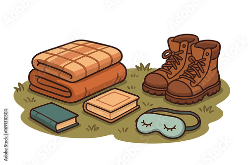 Cozy outdoor camping items for a weekend adventure in nature. Vector illustration of hiking boots, books, plaid blanket, and sleep mask. Glamping and travel vacation concept.