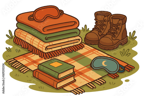 Cozy outdoor adventure essentials for a relaxing weekend. Vector cartoon illustration of blankets, books, hiking boots, and sleeping masks. Concept of camping and glamping.