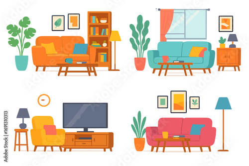 Set of colorful living room interiors. Modern furniture collection. Cozy home apartment scenes with sofa, tv, and plants. Flat cartoon vector illustration for design.