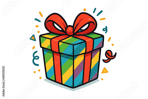 Colorful gift box with a red ribbon. Vector cartoon illustration for a birthday, Christmas, or holiday celebration. Festive surprise present package with striped pattern.