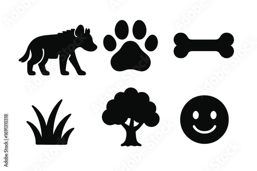 Vector silhouette icon set of wildlife and nature elements. Hyena, animal paw print, dog bone, grass tuft, tree, and a happy smiley face. Isolated cartoon clip art.