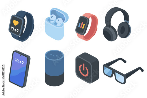 Isometric smart gadgets and wearable technology set. Vector illustration collection of modern electronic devices like smartwatch, phone, smart speaker, glasses and headphones.