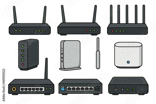 Network devices icon set. Router, modem, switch and hub for internet connectivity. Wi-Fi equipment hardware collection. Vector cartoon illustration of technology concepts.