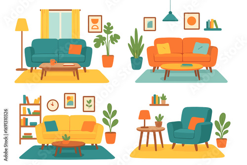 Living room interior design set. Modern furniture collection for home decor. Comfortable sofa, armchair, table, plant. Cozy apartment scene in flat cartoon vector illustration style.