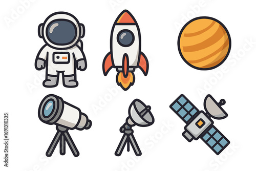 Space exploration icon set with astronaut, rocket, planet, telescope, satellite. Vector cartoon illustration of cosmos, astronomy, and science symbols. Graphic design elements.