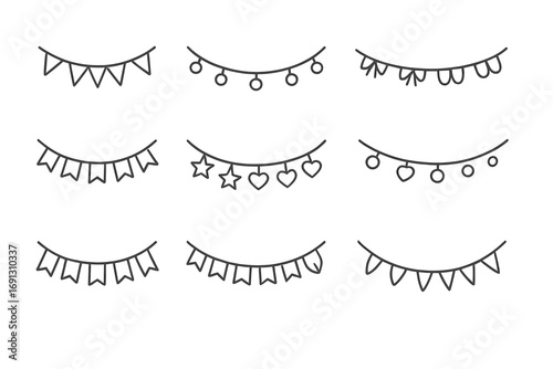 Garland icon set for party decoration. Vector line art of holiday bunting, celebration flags, and festival pennants. Hanging decor with hearts and stars. Editable stroke.