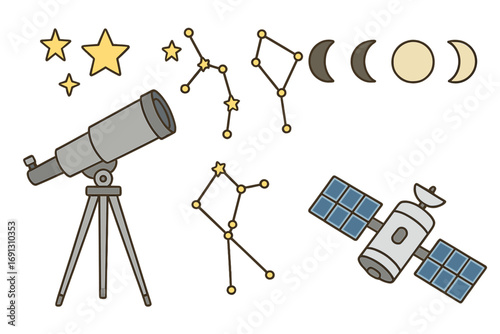 Astronomy icon set vector illustration. Cartoon collection of space exploration symbols: telescope, stars, constellation, satellite and moon phases. Science clipart design.