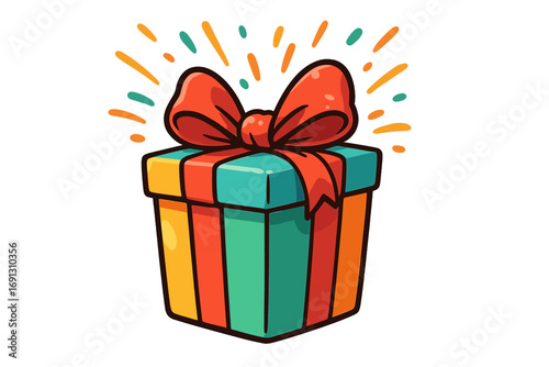 Gift box present illustration. Vector cartoon for birthday, christmas, or holiday celebration. Colorful package with a red ribbon bow. Surprise concept for an anniversary or party.
