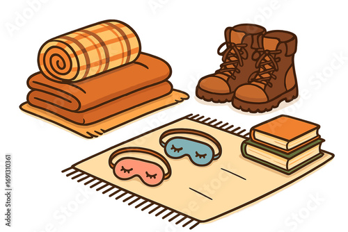 Cozy outdoor adventure set for camping or glamping. Autumn weekend in nature with hiking boots, warm blankets, books for reading and sleep masks for relaxing. Hygge vector.