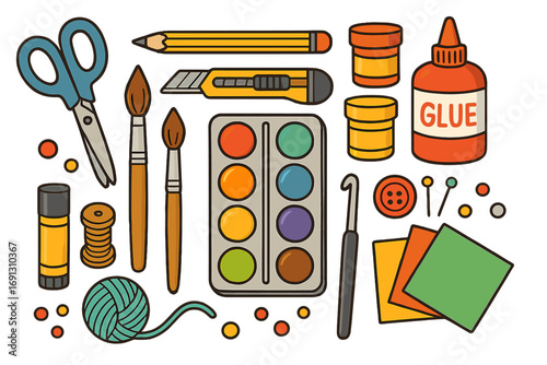Craft tools and art supplies set for DIY projects. Creative hobby equipment collection. Vector cartoon illustration of scissors, paint, brush, glue, pencil, and yarn.