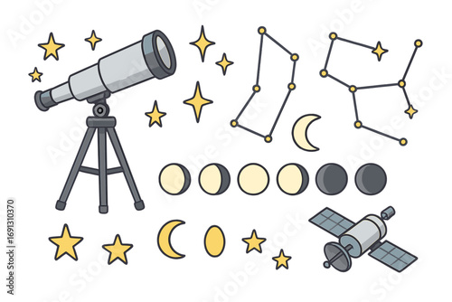 Astronomy and space exploration icon set. Vector cartoon illustration of telescope, stars, constellations, moon phases, and satellite. Science and education graphic elements.