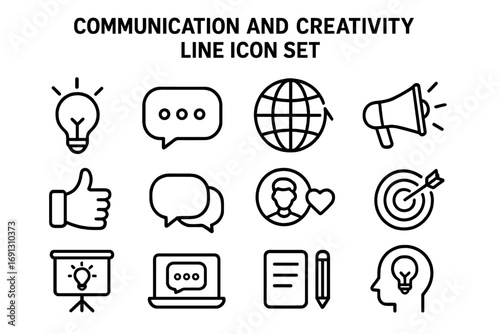 Communication and creativity line icon set. Vector icons for digital marketing, social media, business idea, innovation. Thin line collection for strategy and startup concept.