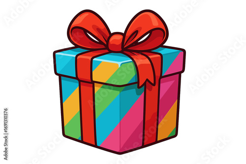 Colorful gift box with a red ribbon bow. Vector cartoon graphic for birthday, holiday, or Christmas celebration. Isolated present icon for a surprise party or anniversary.
