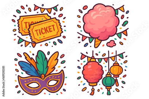 Carnival festival icon set with tickets, cotton candy, masquerade mask, and paper lanterns. Vector cartoon illustrations for a party, fair, or celebration. Isolated elements.