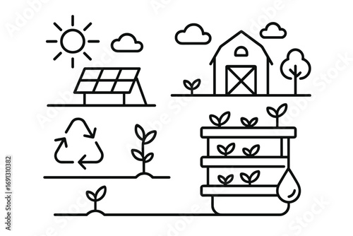 Sustainable agriculture icon set in linear style. Hydroponic and vertical farming system. Eco friendly smart farm with solar energy panels. Organic food production vector cartoon.