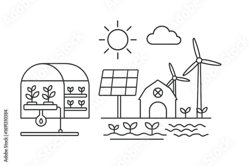 Sustainable agriculture with hydroponics, solar panel, and wind turbines. Eco-friendly smart farm concept. Vector line art illustration of green and renewable energy sources.