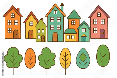 Set of cute cartoon houses and trees. Vector illustration of a colorful neighborhood. Simple flat design buildings for real estate, property or cityscape constructor.