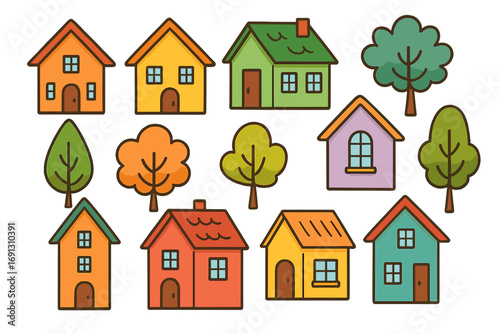 Colorful house and tree vector icon set. Cute cartoon home collection for kids illustration. Simple building, real estate, and architecture graphic elements for design projects.