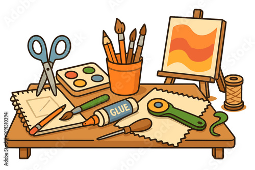 Art and craft supplies on a desk. Creative hobby workspace with tools for drawing, painting, and scrapbooking. Vector cartoon illustration for DIY projects or art class.