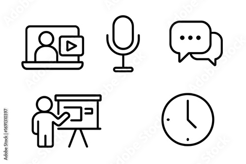 Communication and meetings line icon set. Business concepts like video conference, webinar, audio podcast, chat message, presentation, and time management. Vector symbols.