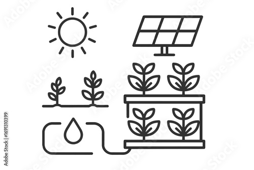 Sustainable agriculture with hydroponics and solar energy. Smart farm technology with vertical growing system. Eco friendly farming vector line icon set. Renewable power.