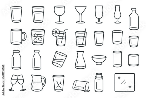 Glassware and drink icon collection. Simple line art set of glass, bottle, cup, and mug vectors. For water, cocktail, wine, or milk. Bar, kitchen, and restaurant menu symbols.