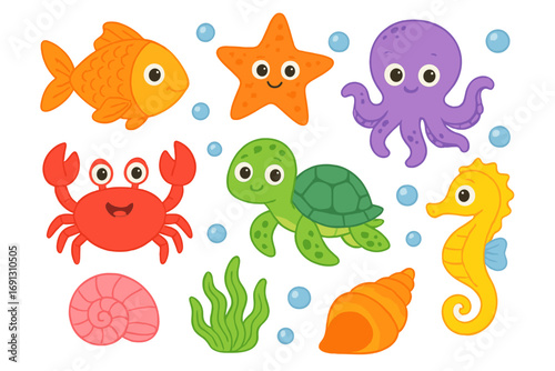 Cute cartoon sea creatures set. Ocean animals collection. Funny fish, crab, turtle, octopus, starfish, seahorse. Underwater marine life for kids. Vector illustration pack.
