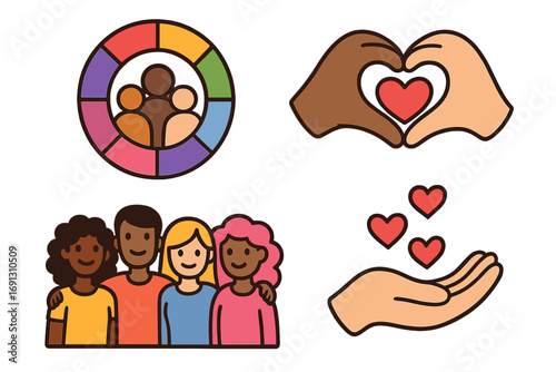 Community engagement icon set. Diversity, inclusion, and support symbols. Vector of multicultural people, teamwork, unity, interracial friendship, love, and charity concept.