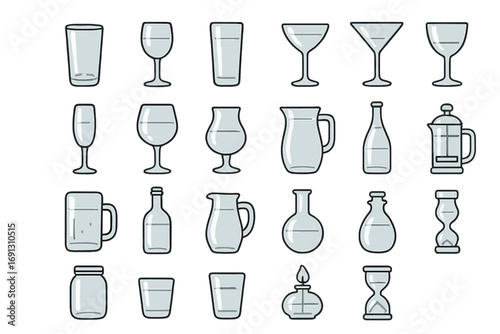 Glassware icon set. Vector collection of glass containers, bottle, pitcher, and drinkware. Bar and kitchen utensil outline symbols. Water glass, wine, cocktail, mug icons.