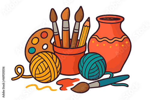 Arts and crafts supplies vector illustration. Creative hobby concept with painting tools, yarn, and pottery. Art workshop or studio equipment. Handmade crafts and artistic pursuit.