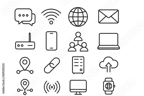 Communication and network linear icon set. Digital technology, internet connectivity, and mobile device symbols. Vector outline collection for web, business, and app design.