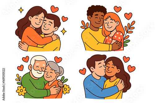 Set of diverse couples in love. Young, senior, interracial people hugging. Cartoon vector illustration. Relationship, affection, romance concept. Happy people together. Love is love.