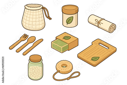 Zero waste kitchen essentials isometric icon set. Eco-friendly and sustainable living concept with reusable utensils, wooden cutlery, and natural products. Vector illustration.