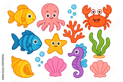 Cute cartoon sea animals set. Kawaii ocean life collection. Underwater marine characters: fish, octopus, crab, starfish, seahorse, shell, coral. Vector illustration isolated