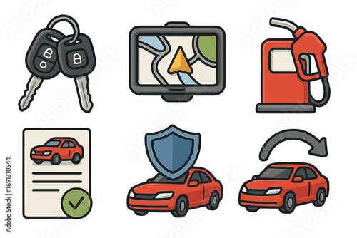 Car rental and leasing icon set. Vector symbols for carsharing service. Includes keys, GPS navigation, fuel pump, rental agreement, vehicle insurance, and car return process.