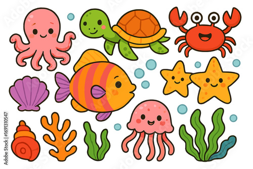 Cute sea animals character set. Cartoon ocean life collection. Vector illustration of fish, turtle, crab, octopus, jellyfish. Kawaii marine creatures for kids. Underwater elements.