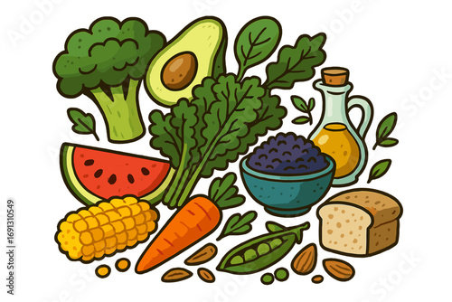 Plant-based food collection for a healthy vegan diet. Assortment of organic vegetables, fruits, grains, nuts. Vector cartoon illustration for nutrition and wellness.