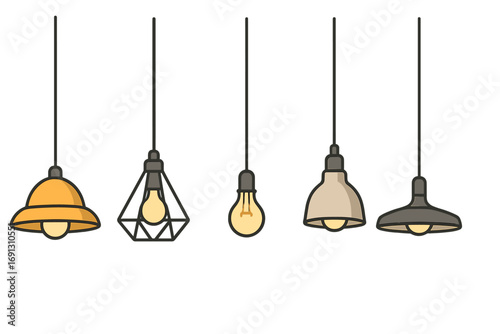 Set of modern hanging pendant lights. Collection of various ceiling lamp fixtures for interior design. Minimalist industrial loft style lighting. Vector cartoon illustration.